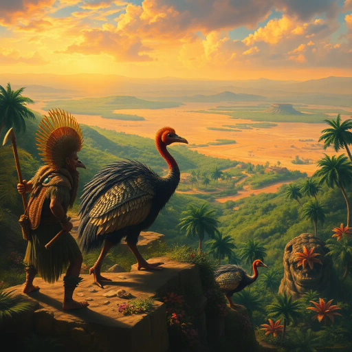 ancient warriors, animal skins, dinosaur-like cassowaries, verdant oasis, expansive desert horizon, surreal landscape, Jean Giraud, Maxfield Parrish, Maurice Sendak, vibrant colors, dramatic lighting, intricate textures, mythical narrative, prehistoric flora, cinematic scale, dynamic movement, whimsical creatures, adventurous mood, Henri Rousseau, ethereal atmosphere, prehistoric visual storytelling, expressive brushstrokes, panoramic view, epic scale, cultural symbolism, primal energy, imaginative world-building, fusion of history and fiction, rich detail, untamed wilderness, lavish detailing, exotic flora