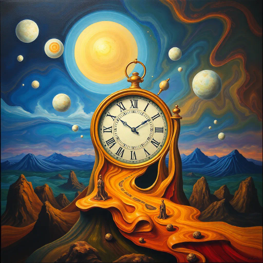 surrealism, time, Salvador Dali, clocks, melting shapes, vibrant colors, surreal landscapes, dreamlike, abstract forms, symbolic, imaginary, fluid, time distortion, juxtaposition, infinity, metaphor, fantasy realm, intricate details, vivid imagination, distortion of reality, ethereal atmosphere, whimsical, paradoxical structure, elegant chaos