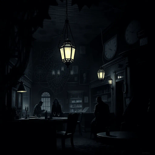 haunted tavern, eerie atmosphere, Gothic architecture, translucent specters, dim candlelight, John Atkinson Grimshaw influence, Victorian era, shadowy corners, spectral patrons, mystical glow, cobweb-laden rafters, misty ambiance, chiaroscuro contrasts, haunted past, ghostly whispers, weathered wood textures, melancholic mood, surreal distortions, evocative storytelling, vintage charm, chilling presence