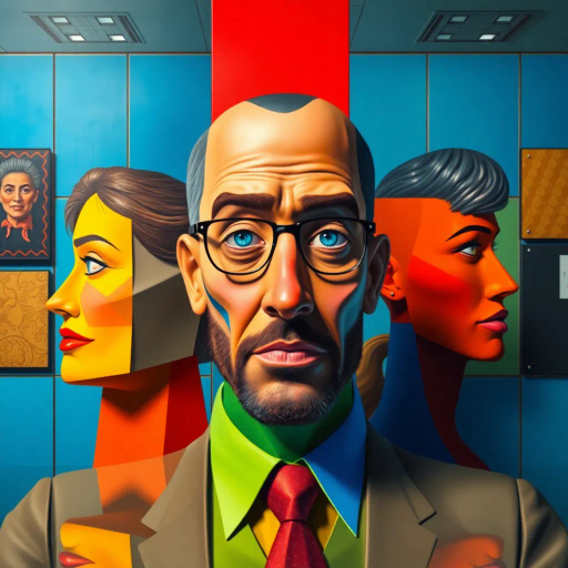 exploration of identity, michael scott, geometric abstraction, vibrant colors, cubism influence, office aesthetics, dynamic composition, modernist approach, abstract forms, playful humor, primary color palette, surreal interpretation, exaggerated proportions, whimsical expression, fragmented reality, contemporary culture, reflective surfaces, bold outlines, corporate environment, light-hearted mood, satirical tone, pop culture reference, intricate details, artistic homage, abstract geometry