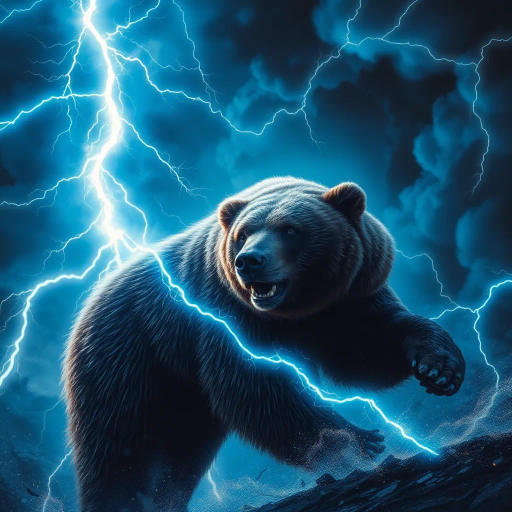 majestic bear, struck by lightning, dynamic energy, vibrant electric blues and purples, ethereal glow, dramatic sky, Surrealism, Salvador Dalí influence, mystical forest setting, chiaroscuro lighting contrasts, fluid motion, heroic and powerful, nature's fury, awe and wonder, intricate fur texture, dramatic scale, mythical ambiance, symbolic transformation, timeless wilderness, emotional intensity, elemental forces, narrative depth, allegorical representation