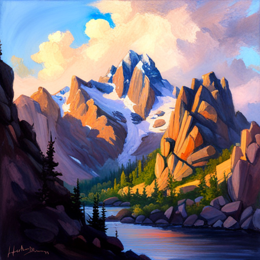 majestic peaks, rugged terrain, atmospheric perspective, muted colors, Impressionism, Hudson River School, light and shadow, texture, acrylic paint, naturalism, serenity, grandeur, scale, plein air, rocky outcroppings, dramatic sky, asymmetry, depth, soft brushstrokes, tranquility, pixel art, atmospheric lighting