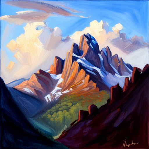 majestic peaks, rugged terrain, atmospheric perspective, muted colors, Impressionism, Hudson River School, light and shadow, texture, acrylic paint, landscape painting, naturalism, serenity, grandeur, scale, plein air, rocky outcroppings, dramatic sky, asymmetry, depth, soft brushstrokes, tranquility painting