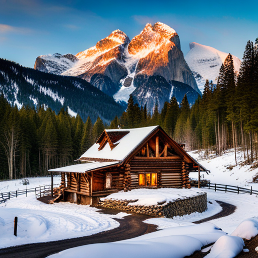 snow-covered mountain, cozy cabin, winter landscape, glowing fireplace, starry sky, snowy trees, soft lighting, rustic wood decor, mountain range, retreat, tranquility