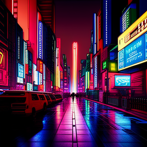 cyberpunk, neon lights, dystopian future, urban sprawl, retro-futurism, futuristic architecture, street art, high-tech, cybernetic enhancements, dark alleys, flying vehicles, holographic advertisements, neon signs, artificial intelligence, futuristic transportation, underground culture, night skyline, rebellious youth, neon colors, urban decay, Blade Runner vibes