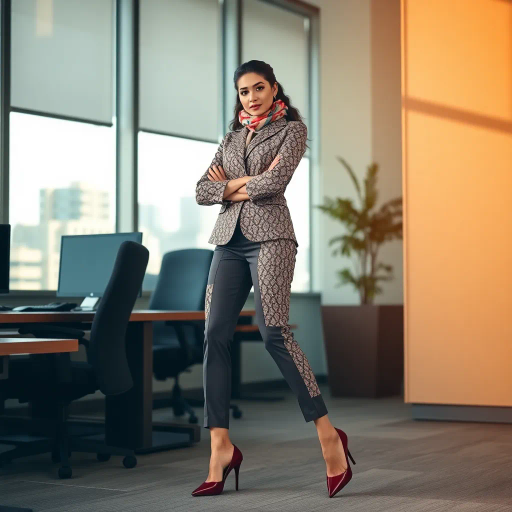 elegant arab lady, business attire, high heels, dynamic pose, contemporary fashion, rich color palette, intricate patterns, office setting, afternoon sunlight, inspired by Hassan Hajjaj, modern arabesque, sophistication, empowerment, cultural fusion, detailed textures, graceful movement, confident expression, high contrast, vibrant atmosphere, fashionable ensemble, fine lines, urban elegance, poised demeanor