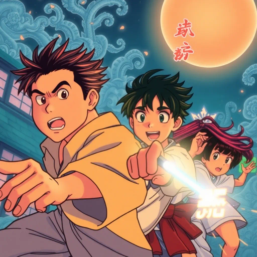 dynamic characters, intricate costumes, vibrant energy, vivid emotion, bold lines, expressive eyes, dramatic angles, energy bursts, vibrant colors, stylized action, cultural references, fantastical elements, modern storytelling, fluid motion, intense drama, character evolution, narrative depth, vibrant landscapes, animated world, stylistic exaggeration, Manga influences, deep shadows, contrasting tones, dynamic composition