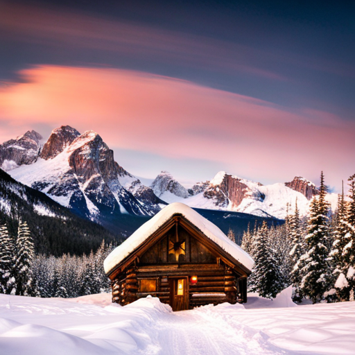 snow-covered mountain, cozy cabin, winter landscape, glowing fireplace, starry sky, snowy trees, soft lighting, rustic wood decor, mountain range, retreat, tranquility