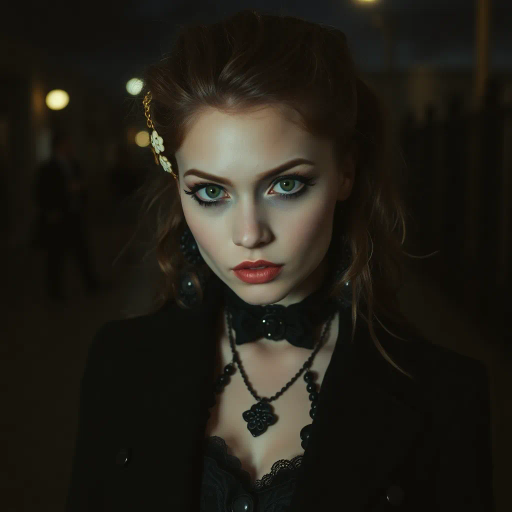 gothic fashion, college girl, mysterious atmosphere, dark academia, moody lighting, bold contrasts, intricate patterns, chiaroscuro, Tim Burton, edgy style, vintage clothing, romanticism, Victorian influence, punk aesthetics, shadow play, expressive eyes, detailed textures, melancholy, urban backdrop, 21st century, cultural infusion, rebellious spirit, soft focus, symbolic jewelry, haunting beauty, vibrant accents, artistic expression, ethereal details
