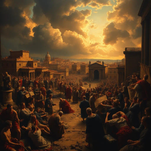 historical devastation, Alaric the Visigoth, ancient ruins, classical architecture, fiery inferno, chaos and turmoil, gothic shadows, sacking and looting, eternal city, Roman Empire, invasion, dramatic conflict, tumultuous skies, Rembrandt lighting, powerful emotions, ancient warfare, Caravaggio-inspired, chiaroscuro, symbolic destruction, fallen civilization, rich textures, monochromatic palette, intense drama, baroque influences, historical narrative, perspective of awe, melancholic atmosphere