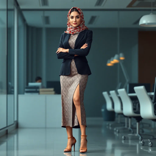 elegant Arab woman, professional attire, modern workplace, high heels, Middle Eastern influence, contemporary art style, intricate patterns, vibrant color palette, soft ambient lighting, cultural expression, dynamic posing, delicate textiles, confidence, empowerment, sophistication, grace, diverse cultural representation, cultural fusion, impressionism influences, human form depiction, balance and harmony, dynamic office environment, elegance, poise, detailed craftwork, modernism, cultural narrative, harmonious composition, vibrant textures