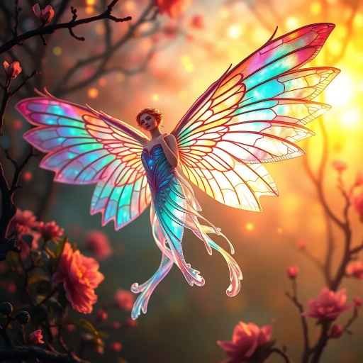 iridescent wings, ethereal glow, surreal beauty, vibrant colors, luminescent sheen, Art Nouveau, delicate patterns, dreamlike ambiance, whimsical flight, intricate details, celestial light, serenity, enchanted forest, mystical aura, captivating elegance, René Lalique, fantasy realism, imaginative composition, surreal landscape, metamorphosis symbolism
