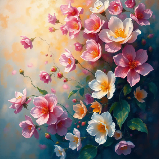 vibrant flowers, botanical art, surrealism, rich textures, Claude Monet, expressionism, ethereal glow, intricate details, vivid colors, atmospheric depth, delicate petals, dynamic composition, spring serenity, artistic elegance, garden symphony, burst of life, soft gradients, harmonious blending, natural elegance, transcendent beauty, impressionist influence, luminous atmosphere, pastel palette, fluid brushwork, dreamlike landscape, effervescent energy, organic forms, visual melody, artistic finesse, painterly nuance, emotion-laden scenes, contemplative ambiance