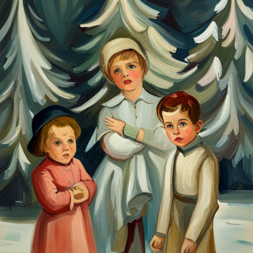 vintage, oil, impersonalism, Winter Children under a Christmas Tree Painting, classic, muted colors, textured