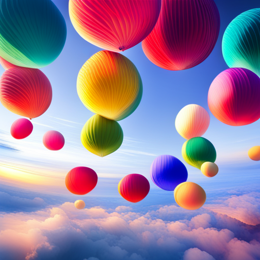 colorful balloons, floating in the sky, vibrant, joyful, celebration, party, whimsical, surreal, dreamlike, fantasy, fantasy-art, soft pastel colors, playful, cheerful, movement, organic shapes, transparent, light, shadows