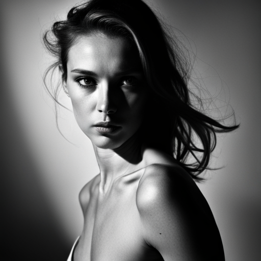 feminine strength, gracefulness, portrait, black and white, soft lighting, emotional expression, beauty, empowerment, contemporary, contrast, delicate features, monochrome, dramatic shadows, timeless elegance, high fashion, ethereal, vulnerability, modern, classic, fine art, chiaroscuro