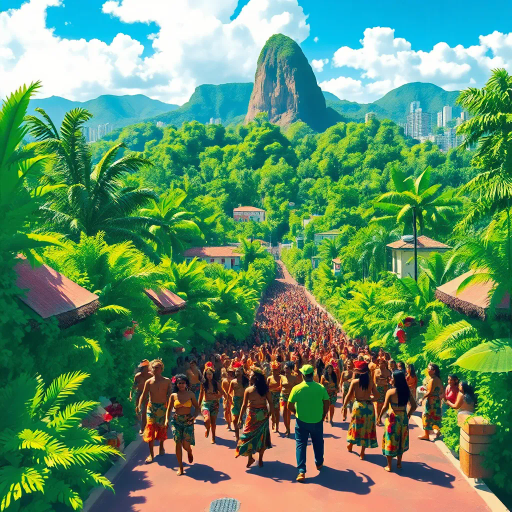 tropical paradise, vibrant rainforest, Rio Carnival, Brazilian culture, Jorge Selarón, Carmen Miranda, exuberant colors, lush vegetation, dynamic samba dancers, vivid patterns, Amazon River, exotic wildlife, modern architecture, indigenous art, celebratory mood, Afro-Brazilian heritage, vibrant street scenes, bold compositions, fluid movement, warmth and energy, sunlit landscapes, urban diversity, festive atmosphere, contemporary influences, chromatic brilliance