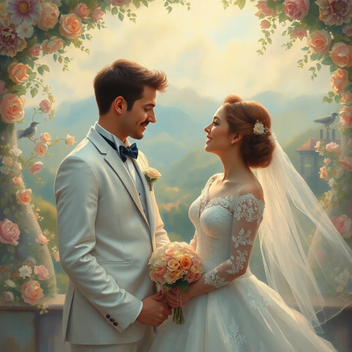 ethereal wedding, van gogh influence, 19th century impressionism, soft brushstrokes, luminous glow, romantic atmosphere, pastel colors, dreamlike setting, gentle movement, whimsical textures, serene mood, delicate details, enchanting light, timeless elegance, nuptial celebration, floral patterns, surreal composition, joyful emotions, mythical symbolism, sweeping landscapes, harmonious balance, ornate design, historical dreamscape, intricate narrative, Renaissance romanticism, mystical ambiance, fairy tale essence, painterly effects