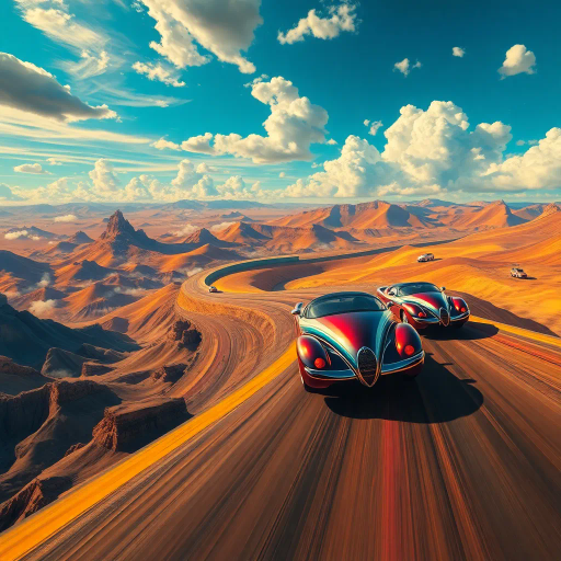 dynamic journey, sweeping landscapes, surrealism, vibrant colors, Salvador Dalí, fantastical vision, sweeping curves, chrome textures, dramatic lighting, high saturation, imaginative composition, speed and momentum, adventurous spirit, futuristic vehicles, exhilarating motion, ethereal clouds, dreamlike atmosphere, vast horizons, whimsical elements, mystical aura, harmonious balance, asymmetrical design, emotional energy