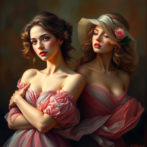 elegant femmes, graceful posture, intricate fashion, ethereal beauty, soft lighting, romantic era, impressionistic brushstrokes, pastel hues, delicate textures, feminine elegance, serene expressions, renaissance influences, flowing fabrics, atmospheric composition, refined aesthetics, timeless allure, enchanting aura, subtle movement, classical themes, Claude Monet, Edgar Degas, Raphael, chiaroscuro, delicate pastels, harmonious balance, historical richness, fine detail, luminous glow, cultural grace, narrative depth, portraiture, emotive grace, evocative ambiance