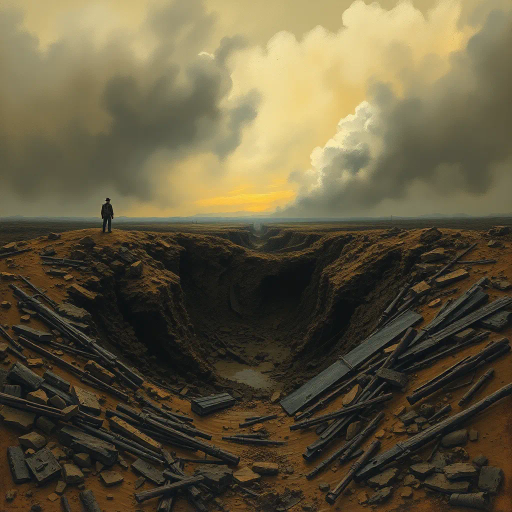 World War I, battlefield, shell hole, destruction, historical conflict, realism, Henri Rousseau, chiaroscuro lighting, somber mood, earth tones, dramatic perspective, craters, landscape, war-torn terrain, textured soil, immersive depth, metaphoric emptiness, poignant silence, layered composition, impressionist influences, reflective atmosphere, muted colors, raw textures, turbulent history, emotive impact, tension, ruins, nature reclaiming, symbolic void, desaturated hues, visual storytelling