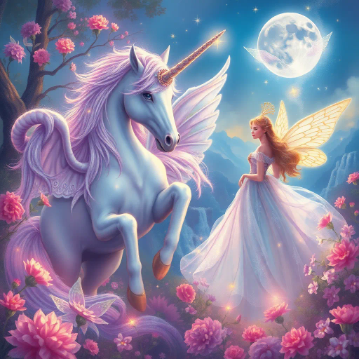 mythical unicorn, enchanting fairies, regal princess, ethereal glow, soft pastels, dreamlike landscape, intricate detail, romanticism, whimsical essence, magical realism, baroque influences, delicate brushstrokes, shimmering textures, enchanted forest, twilight ambiance, ethereal beauty, imaginative composition, vibrant flora, surreal atmosphere, celestial light, fairytale dimension, mythical creatures, gentle aura, serene emotion, opulent attire, mystical symbolism, fantasy narrative, luminous glow, vibrant pastel colors, whimsical landscapes, luminescent wings, flowing gowns, stardust, Arthur Rackham, moonlit scenery, shimmering waterfalls, storybook charm, celestial aura, timeless fantasy, iridescent tones, enchanting realm, mystical ambiance, fantasy realism, Johan Christian Dahl, ethereal luminosity, dreamy composition, ethereal palette, celestial landscape