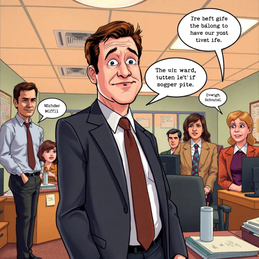 The Office, TV show, satirical humor, vibrant, Steve Carell, ensemble cast, mockumentary style, quirky, everyday life, work environment, subtle irony, character dynamics, Michael Scott, Dunder Mifflin, Scranton, Pennsylvania, documentary filming, 2000s television, comedic timing, deadpan expression, cultural phenomenon, paper company, witty banter, office antics, relatable humor, office supplies, Jim Halpert, Pam Beesly, Dwight Schrute, team dynamics, overhead fluorescent lighting, mundane yet charming, round camera angles, workplace relationships, humorous depictions, exaggerated expressions, dialogue bubbles, vibrant palettes, pop-art influences, panel storytelling, linear narratives, dynamic poses, character-focused frames, graphical humor, David Frankel, cultural satire