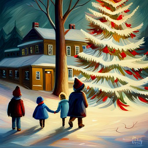 winter, children, Christmas, painting, oil, vintage