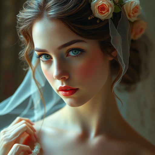 ethereal beauty, enchanting femininity, photorealistic detail, hyperrealism, delicate features, vibrant color palette, romanticism, luminous skin texture, renaissance influence, soft focus, gentle lighting, harmonious composition, serene expression, detailed fabric rendering, elegant posture, whimsical atmosphere, intricate linework, classic portraiture, emotional resonance, sophisticated elegance, vibrant realism
