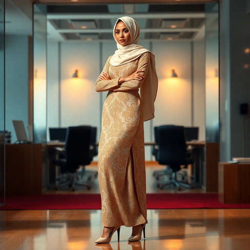 elegant Arab woman, contemporary fashion, hijab, professional attire, modern workplace, high heels, Middle Eastern influence, vibrant colors, soft ambient lighting, dynamic posing, cultural expression, delicate textiles, confident and empowering presence, sophisticated grace, diverse cultural representation, fusion of modern and traditional elements, cultural fusion, empowerment and poise, Impressionism influences, Gustav Klimt inspiration, Art Nouveau elegance, intricate patterns, intricate detailing, vibrant color palette, symbolic attire, office environment, balance and harmony, dynamic composition, surreal lighting, cultural narrative, refined textures, bold symbolism, artistic influences, multicultural dialogue, striking balance, expressive realism, innovative representation, unique fashion, delicate balance, harmonious color palette