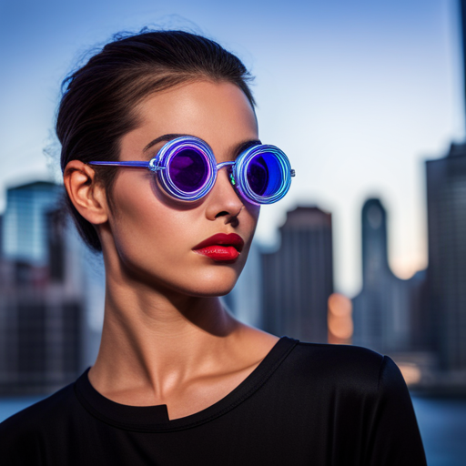 Futuristic, cyberpunk, neon, night, cityscape, sunglasses, monocle, reflections, glowing, chrome, metal, technology, dystopia, contrast, shadows