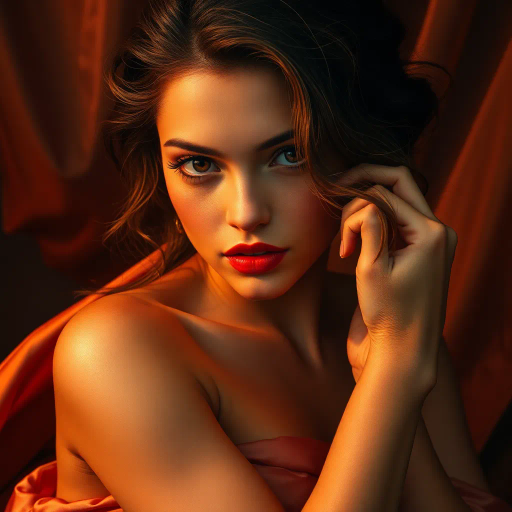 vibrant youth, alluring curves, radiant beauty, opulence, ethereal glow, contemporary allure, delicate elegance, Renaissance influence, chiaroscuro contrast, warm sunset hues, feminine grace, luxurious silk texture, enchanting gaze, sensuality, bold composition, sensual movement, modern aesthetic, beauty idealism, dynamic poses, Baroque opulence, mystical charm, captivating presence, intimate portrait, high detail, artistic celebration, confident expression, Leonardo da Vinci, Caravaggio, interplay of light and shadow, romantic mood, intimate framing, classical inspiration, artistic brilliance, aesthetic harmony