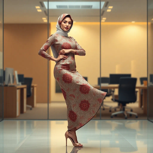 elegant Arab woman, contemporary fashion, hijab, professional attire, modern workplace, high heels, Middle Eastern influence, vibrant colors, soft ambient lighting, dynamic posing, cultural expression, delicate textiles, confident and empowering presence, sophisticated grace, diverse cultural representation, fusion of modern and traditional elements, cultural fusion, empowerment and poise, Impressionism influences, Gustav Klimt inspiration, Art Nouveau elegance, intricate patterns, intricate detailing, vibrant color palette, symbolic attire, office environment, balance and harmony, dynamic composition, surreal lighting, cultural narrative, refined textures, bold symbolism, artistic influences, multicultural dialogue, striking balance, expressive realism, innovative representation, unique fashion, delicate balance, harmonious color palette