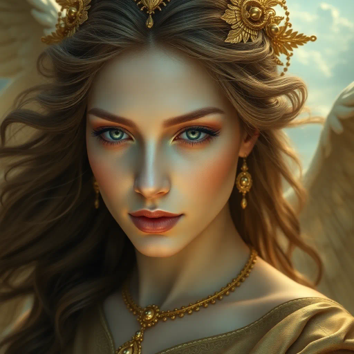 mythical goddess, ethereal beauty, Baroque influence, dynamic composition, vivid golds, soft skin textures, romantic lighting, divine femininity, voluptuous forms, opulent garments, surreal landscapes, luminescent aura, celestial themes, hyper-realistic details, delicate contrasts, elegant poise, Michelangelo inspiration, flowing hair, Renaissance echoes, emotional depth