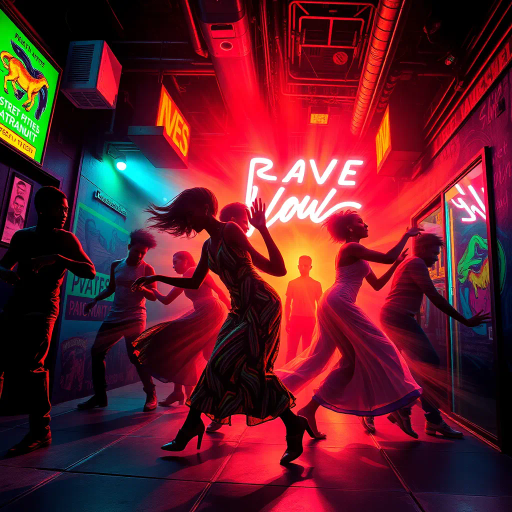 afro house, vibrant rhythms, dynamic movement, Afro-futurism, neon glow, pulsating energy, cultural fusion, Jean-Michel Basquiat influences, urban landscape, contrasting textures, electric colors, kinetic typography, bold patterns, fluid dynamics, rhythmic geometry, contemporary afrobeat, digital collage, vibrant nightlife, expressive dance, chromatic lighting, immersive experience, cybernetic aesthetics, cultural renaissance