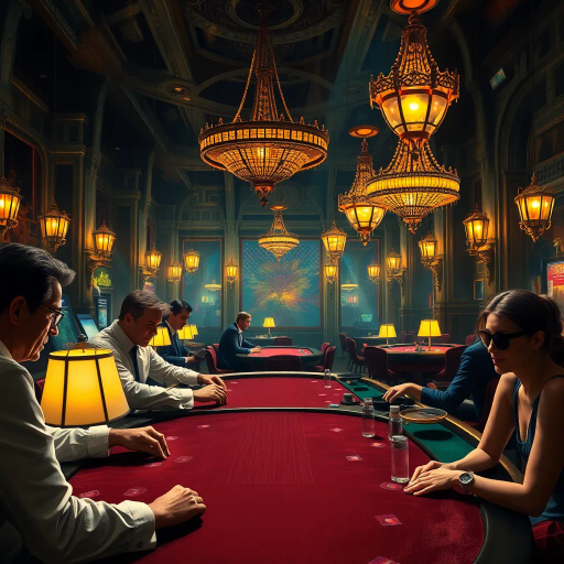 luxurious casino, realistic rendering, vibrant atmosphere, chiaroscuro lighting, Rembrandt influence, intricate details, gambling tables, rich velvet textures, opulent chandeliers, golden hues, Art Deco elements, dynamic composition, immersive experience, 20th-century elegance, sophisticated players, tension and anticipation, high stakes, lively interactions, modern digital brushwork, depth and perspective, cinematic framing, emotive expressions, vivid storytelling, gambling culture