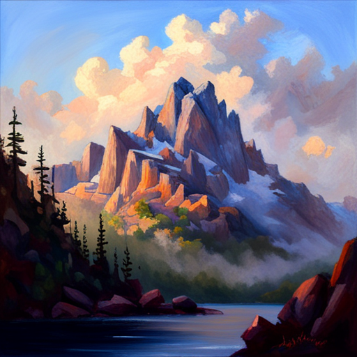 majestic peaks, rugged terrain, atmospheric perspective, muted colors, Impressionism, Hudson River School, light and shadow, texture, acrylic paint, naturalism, serenity, grandeur, scale, plein air, rocky outcroppings, dramatic sky, asymmetry, depth, soft brushstrokes, tranquility, digital painting, pixel art, atmospheric lighting