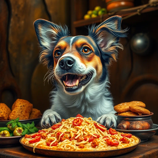 canine feast, golden retriever, savoring, succulent chicken jerky, Johann Friedrich Dieterich, romanticism, warm golden hues, detailed textures, mouth-watering, serene expression, gourmet indulgence, lush countryside backdrop, dusk lighting, rustic charm, intricate realism, harmonious composition, whimsical aura, culinary delight, storytelling moment, painterly brushstrokes, warm ambiance