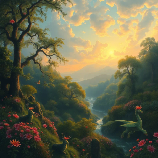 lush forests, mythical creatures, vibrant flora, Claude Monet, ethereal atmosphere, golden hour light, intricate patterns, vivid colors, enchanted landscapes, surreal elements, dreamlike, whimsical mood, magical realism, expansive vistas, Renaissance influence, detailed foliage, flowing rivers, soft textures, twilight glow, mystical ambiance, narrative composition, harmonious balance, imaginative world