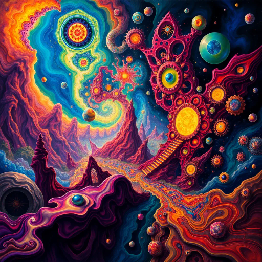 multi-dimensional, ethereal realms, Salvador Dali, surrealism, kaleidoscopic visions, vibrant colors, abstract forms, intricate details, vivid contrasts, dreamscape, cosmic structures, endless scale, fluid geometry, floating elements, mysterious aura, dynamic movement, immersive depth, visionary experience, celestial influences, interstellar ambiance
