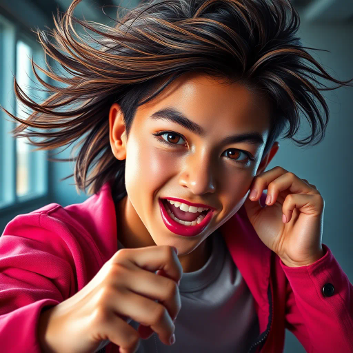 realism, youthful energy, dynamic composition, smooth textures, vibrant lighting, intricate detailing, emotive expression, contemporary setting, playful yet powerful, contrasting colors, bold shapes, fluid movement, modern aesthetics, confident posture, captivating gaze, energetic ambiance, artistic exploration, expressive identity, visual storytelling, cultural diversity, harmony in chaos, subtle symbolism, embrace of today