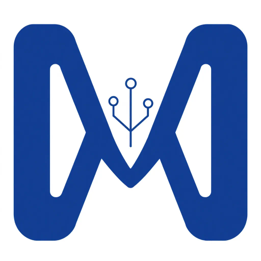 minimalist, bold, letter M, logo design, solid geometric shapes, V-shaped connectors, branching lines, hierarchy symbolism, indigo blue color palette, flat vector style, clean composition, modern SaaS branding, software aesthetics, white background, high-tech elegance, contemporary design, clarity, sleek presentation, geometric precision, corporate identity, monochromatic balance, visual hierarchy