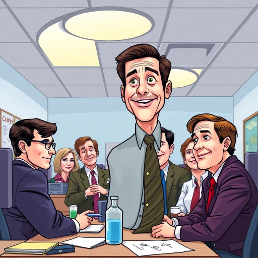 satirical humor, vibrant, Steve Carell, ensemble cast, mockumentary style, quirky, everyday life, work environment, subtle irony, character dynamics, Dunder Mifflin, Scranton, Pennsylvania, documentary filming, 2000s television, comedic timing, deadpan expression, cultural phenomenon, witty banter, office antics, relatable humor, office supplies, team dynamics, overhead fluorescent lighting, mundane yet charming, round camera angles, vibrant colors, exaggerated expressions, dynamic panels, humor-driven narratives, pop culture references, iconic moments, expressive line work, sequential art, workplace relationships, caricature, exaggerated features, Michael Scott, Jim Halpert, Pam Beesly, Dwight Schrute