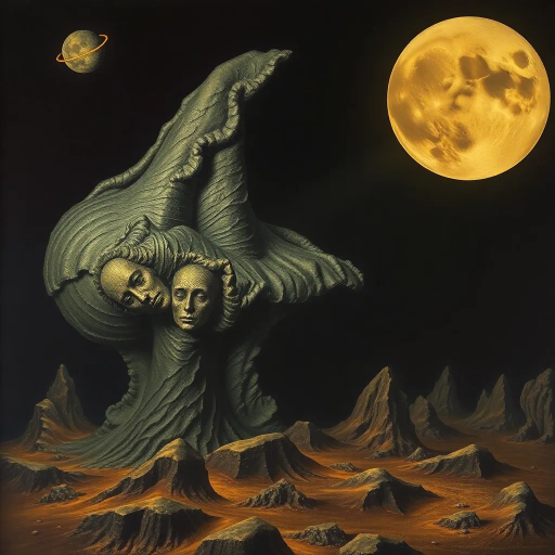 surrealism, Salvador Dalí, dramatic lighting, dark tones, textured shadows, intricate patterns, emotional depth, psychological tension, abstract forms, avant-garde, tension and release, dynamic composition, emotive expressionism, metallic textures, Baroque influence, rich contrasts, allegorical symbolism, intricate line work, mysterious ambiance, layered elements, narrative depth, high contrast, surreal landscapes, dreamlike quality, intense focus, mystical aura