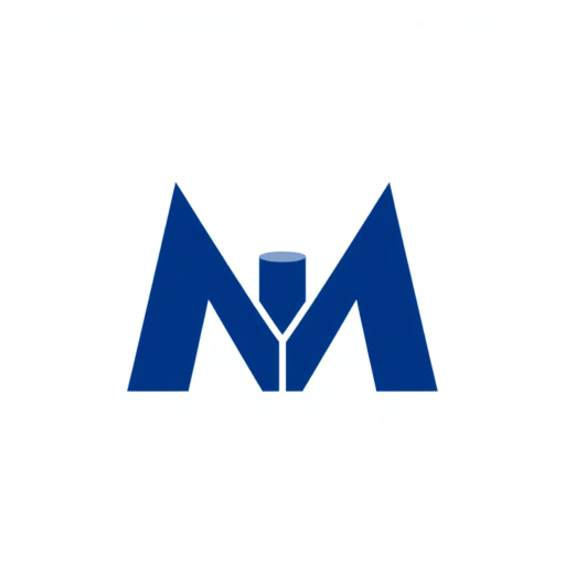 minimal M logo, perspective convergence, depth, hierarchy, solid indigo blue, geometric, modern tech design, flat vector, white background, Bauhaus influences, clean lines, symmetry, contemporary aesthetics, spatial innovation, futurism, precision, abstraction, innovative branding, structural elegance