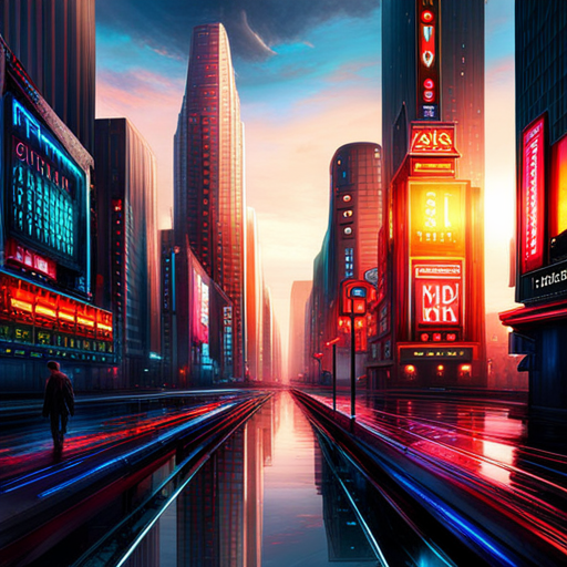 cyberpunk, neon lights, futuristic architecture, technology, urban sprawl, dystopian society, night-time cityscape, artificial intelligence, flying vehicles, neon signs, advanced civilization, dark alleys, digital screens, high contrast lighting, vibrant colors, gritty textures