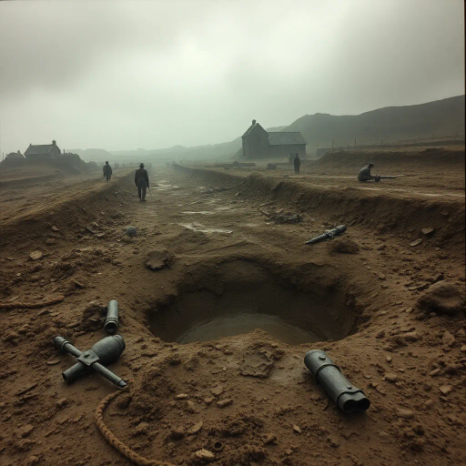 world war i, muddy landscape, shell hole, crater, wet earth, contrasting textures, somber mood, muted colors, rich soil, ripples in water, silent echoes, early 20th century, historical context, emotional weight, desolation, battlefield remnants, dramatic lighting, overcast sky, melancholy atmosphere, realistic depiction, depth and perspective, rugged terrain, Antoine de Saint-Exupéry influence, historical symbolism, vast open space, natural irregularity, memory of conflict