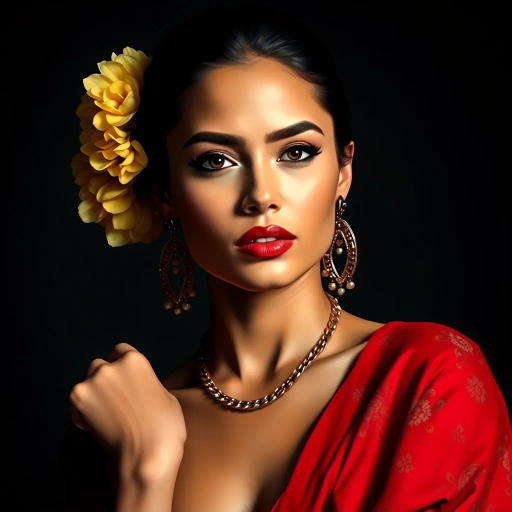 elegant modernity, vibrant Latino essence, captivating beauty, inspired by Frida Kahlo and Diego Rivera, contemporary fashion, dynamic pose, vivid color palette, warm tones, intricate patterns, confident expression, surreal lighting, cultural richness, urban backdrop, artistic flair, stylish sophistication, intricate details, youthful spirit, iconic representation, balance of tradition and modernity, digital brushstrokes, immersive atmosphere