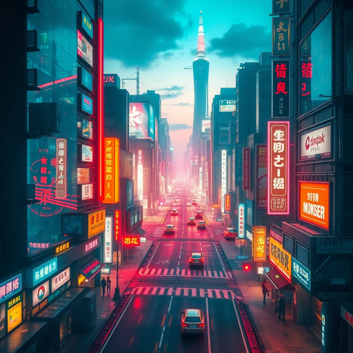futuristic cityscape, cyberpunk vibes, vibrant neon colors, electric hues, 1980s aesthetics, synthwave influence, bold geometric shapes, neon lights, urban landscape, high contrast visuals, retro-futurism, dynamic movement, dusk lighting, vivid reflections, intricate detailing, digital rendering, surreal atmosphere, abstract patterns, sci-fi elements, immersive universe, nostalgic mood, visual rhythm, avant-garde expression, cultural nostalgia, neon-punk, Brian Eno, Tron, fluorescent glow, Jean Giraud, Ridley Scott, saturated palette, chrome textures, digital synesthesia, kinetic energy, multilayered narrative, kaleidoscopic perspective, David Bowie, ethereal ambiance