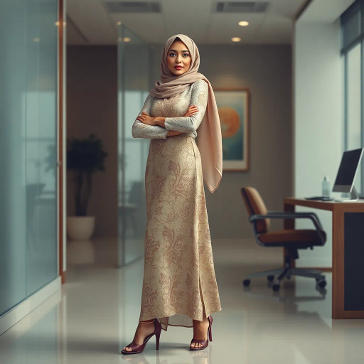 Arab woman, elegant hijab, professional setting, modern workplace, high heels, Middle Eastern culture, contemporary art, intricate patterns, vibrant colors, soft lighting, dynamic pose, cultural expression, delicate fabrics, office environment, confident demeanor, sophisticated fashion, grace and poise, diverse representation, cultural fusion, empowerment, modernism, Impressionism influences, human form, balance and harmony, Henri Matisse, modern elegance, intricate textile patterns, vibrant aesthetic, global influence, artistic expression, dignity and strength, atmospheric composition, elegant lines, harmonious palette, seamless integration, modern artistry